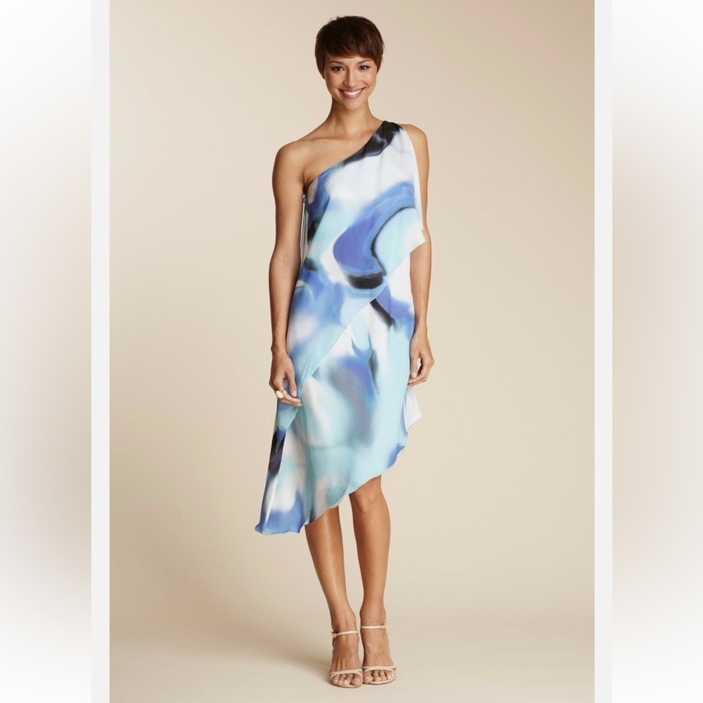 Halston Heritage Galaxy Blue One Shoulder Tiered Asymmetric Silk Dress Size 6